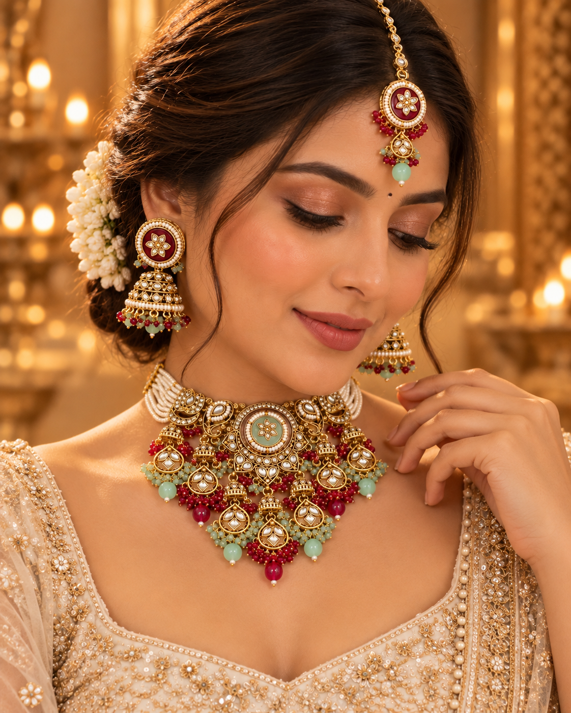 Multicolour Royal Necklace Set for Women with Earrings & Maang Tikka, Heavy Look Indian Festive Jewellery for Wedding, Diwali, Karwa Chauth & Special Occasions