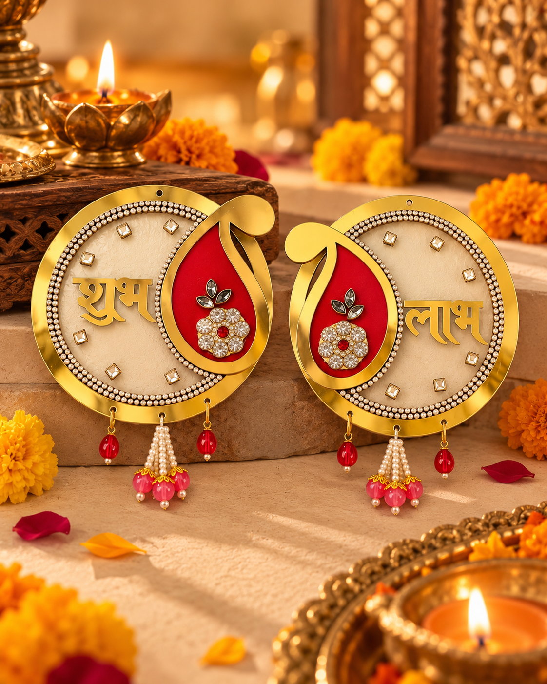 Shubh Labh Door Stickers Set of 2 | Golden Decorative Wall Stickers for Diwali, Mandir, Windows & Home Entrance