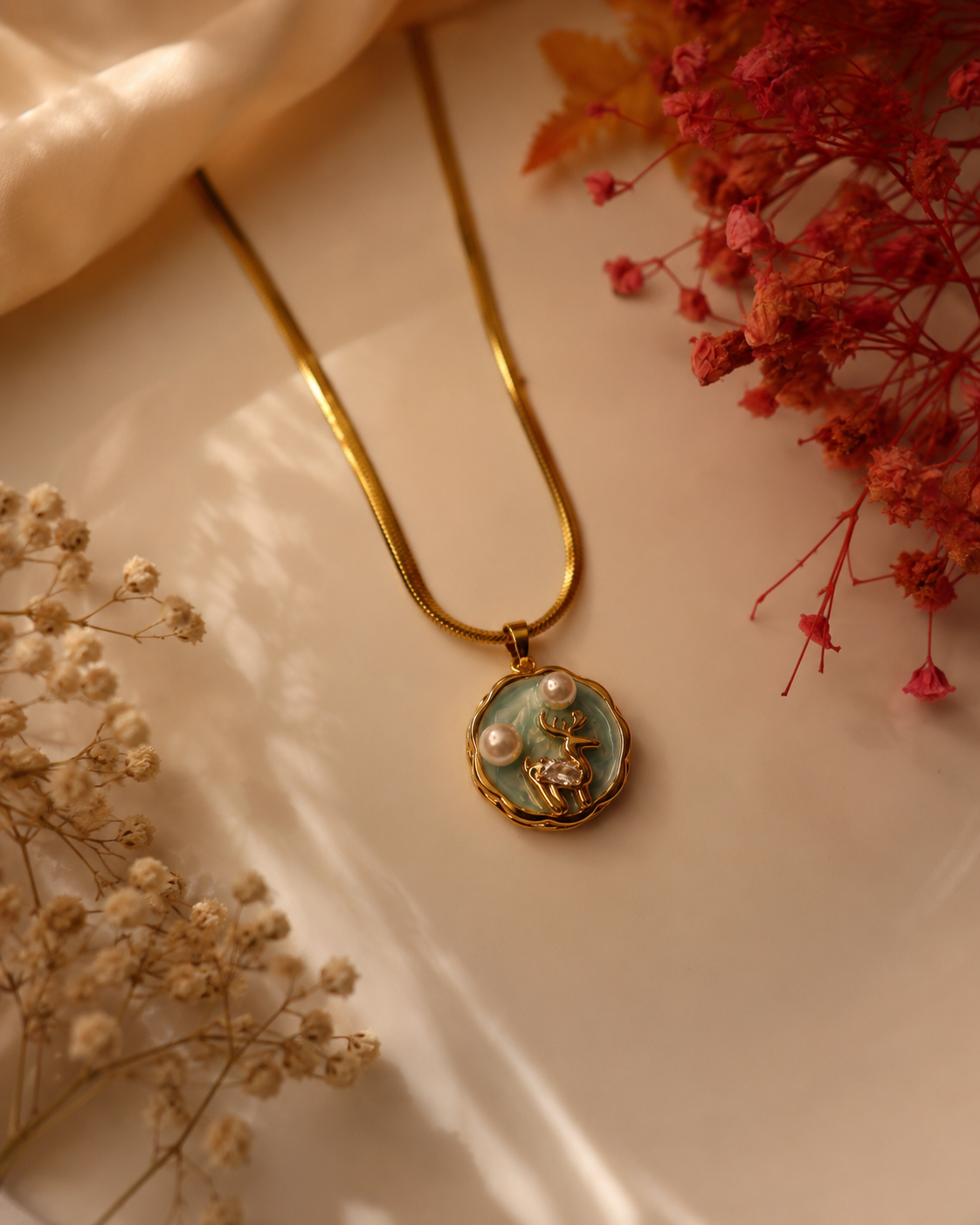 Anti Tarnish Enamel Deer Pearl Pendant Necklace for Women | Pinterest-Inspired Gold Deer Charm Necklace