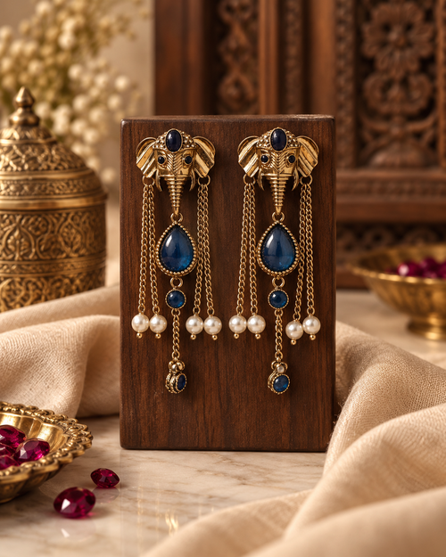 Elephant Earrings for Women, Traditional Indian Long Dangle Earrings with Elephant Motif, Multicolor Stone & Bead Detailing, Ethnic Statement Jewellery for Festive & Party Wear