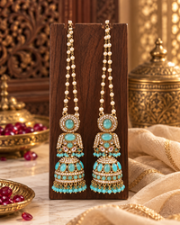 Traditional Pearl Chain Jhumka Earrings with Hair Chain for Women – Gold-Tone Ethnic Festive Jewellery | 3 Colour Variants
