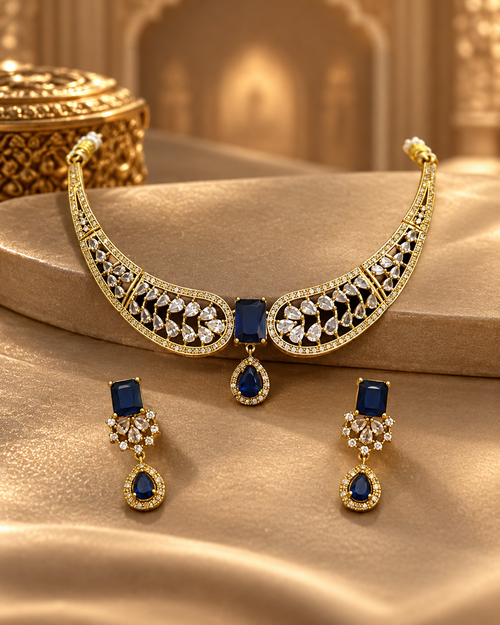 AD Hasli Necklace Set for Women, Premium American Diamond Jewellery with Gold-Look Necklace & Matching Earrings, Traditional Festive Wedding Jewellery for Saree & Ethnic Wear