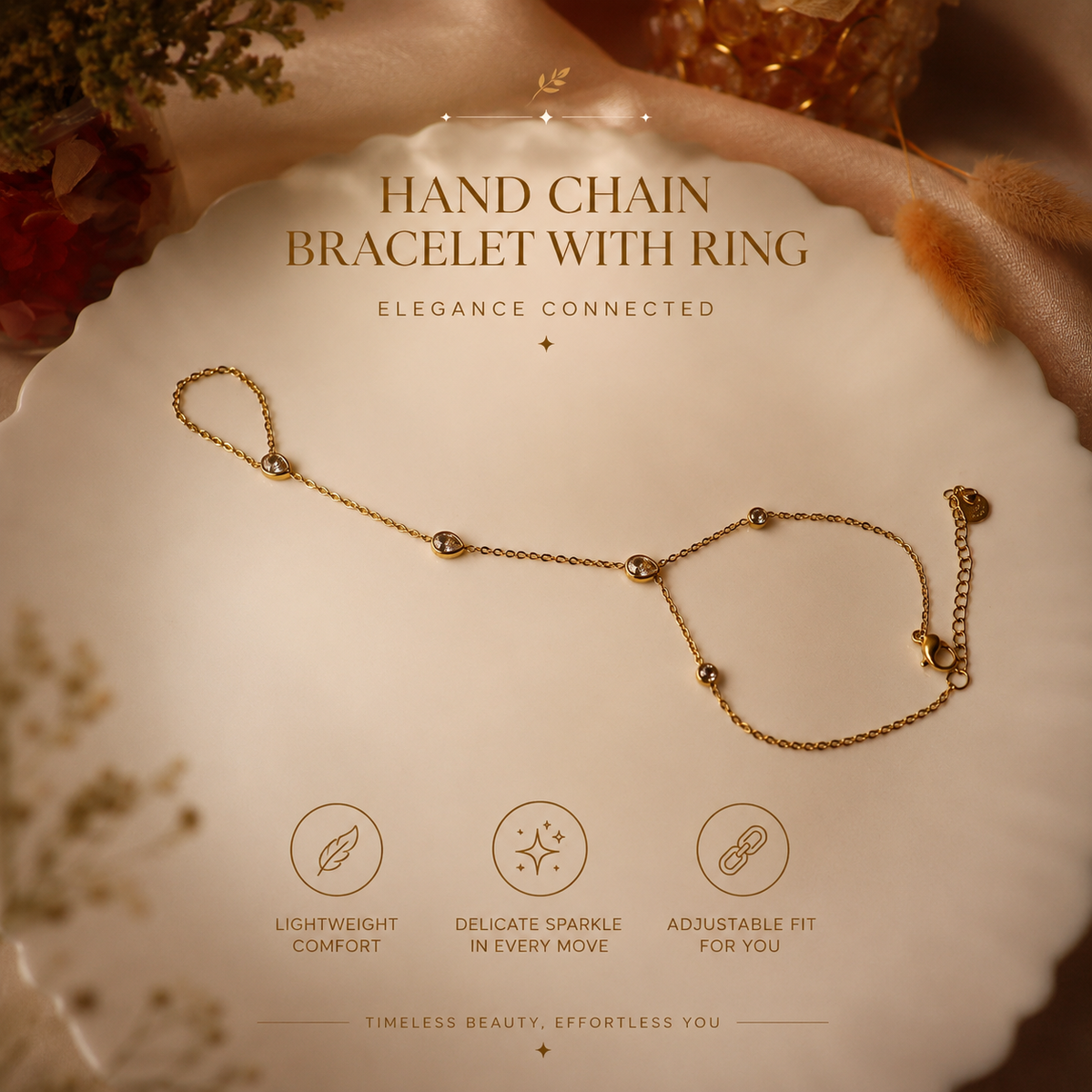 Premium Anti Tarnish Drop Crystal Hand Chain Bracelet with Ring for Women | Gold Stainless Steel Finger Bracelet with Crystal Accents | Waterproof Adjustable Hand Harness Jewelry