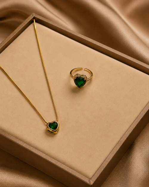 Anti Tarnish Green Heart Pendant & Adjustable Ring Combo