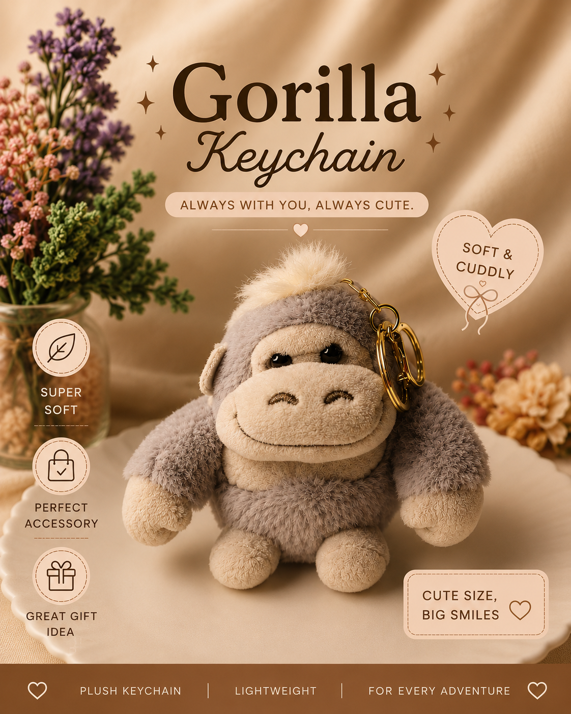 Cute Gorilla Plush Keychain | Soft Stuffed Gorilla Bag Charm | Kawaii Animal Keyring