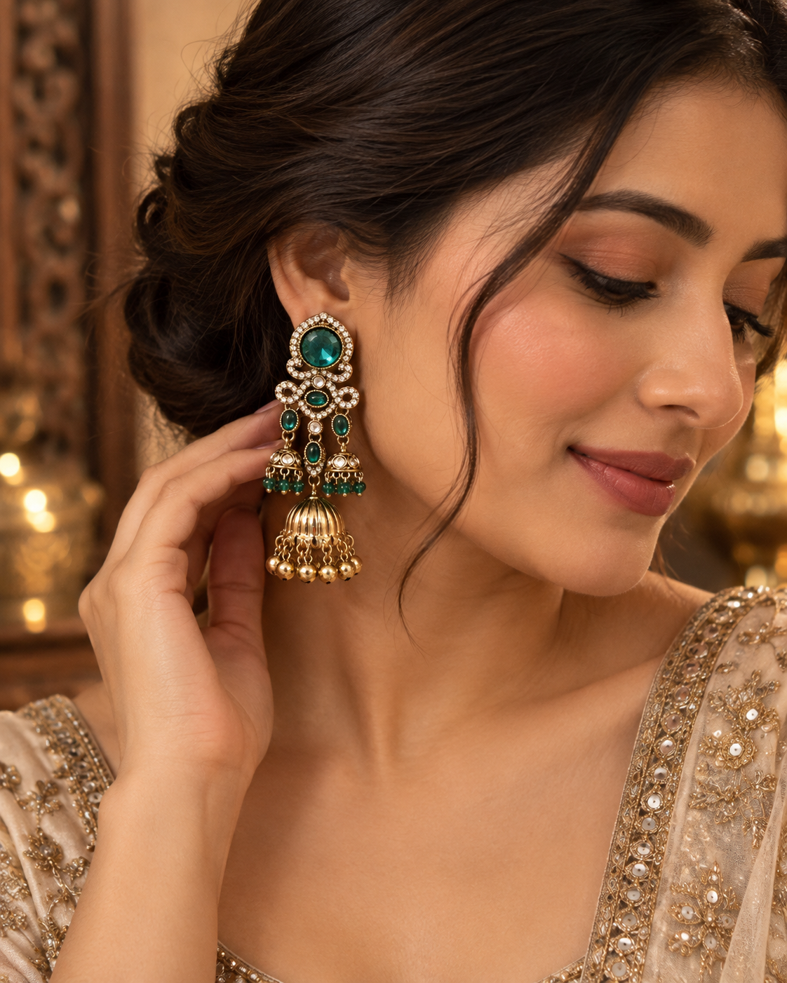 Jhumka Earrings for Women, Traditional Kundan Style Gold-Tone Chandbali Jhumki Earrings with Crystal & Bead Detailing, Ethnic Party Wear Jewellery for Wedding & Festive Occasions