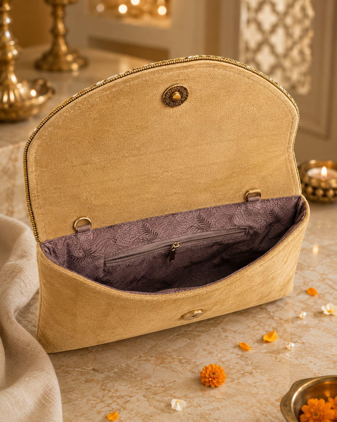 Beige Floral Embellished Clutch Bag | Wedding & Party Clutch