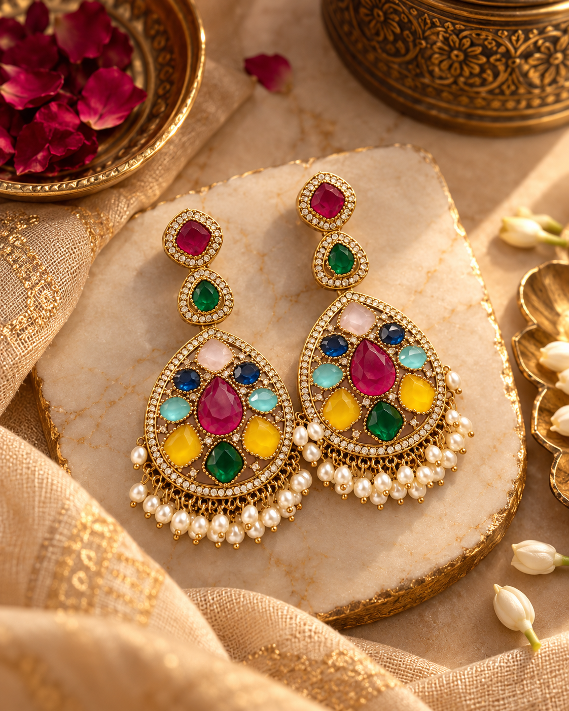 Multicolour Stone Embellished Traditional Statement Earrings for Women – Gold-Tone Ethnic Party Wear Jewellery