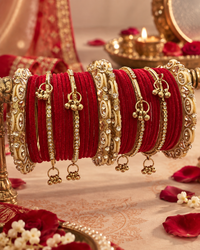 Magenta Velvet Glass Bangle Set for Women, Designer Glass Stone Studded Kangan Chooda, Traditional Ethnic Jewellery for Wedding Festive Wear, Sizes 2.4, 2.6 & 2.8