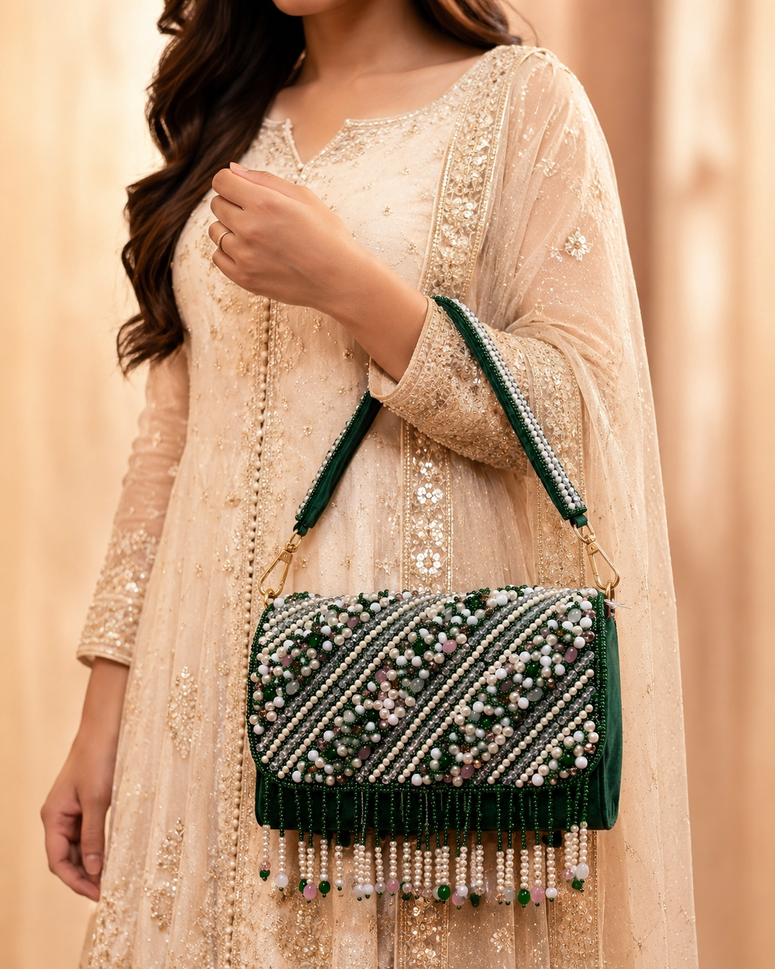 Pearl Embellished Velvet Handbag | Bridal & Party Sling Purse