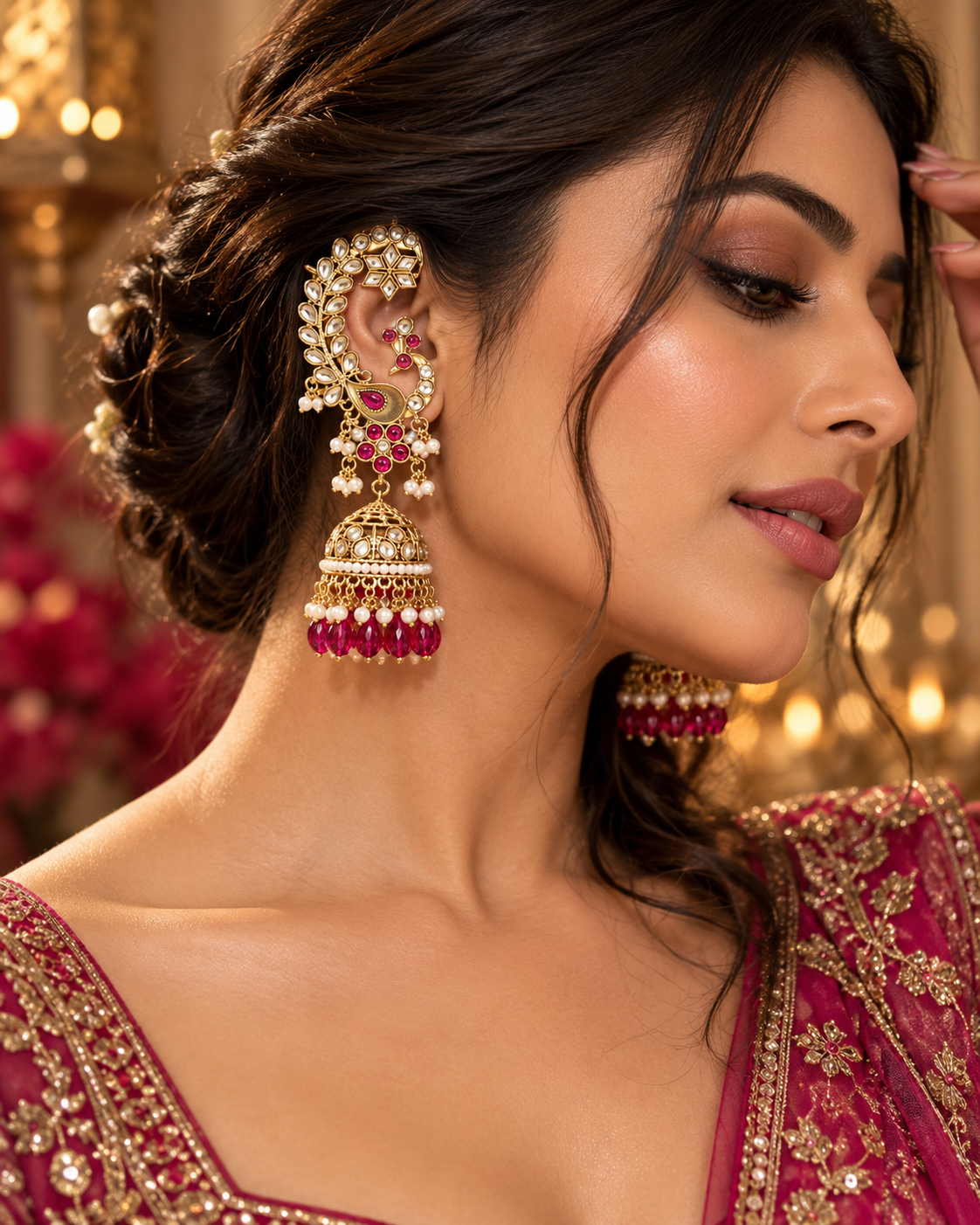 Traditional Gold-Tone Peacock Jhumka Earrings with Ruby Pink Stones & Pearl Drops for Women