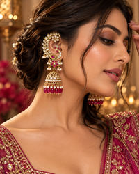Traditional Gold-Tone Peacock Jhumka Earrings with Ruby Pink Stones & Pearl Drops for Women