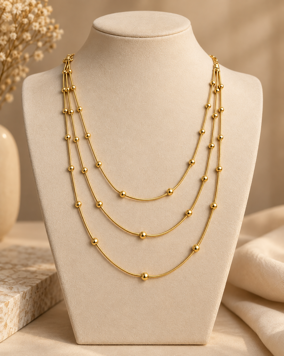 Gold Layered Beaded Necklace for Women | 3-Layer Ball Bead Chain Necklace | Elegant Statement Jewellery for Women