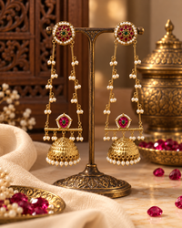 Festive Indian Jhumka Earrings for Women, Lightweight Heavy-Look Jhumkas with Beads & Kaan Chain Ear Support, Unique Ethnic Jewellery for Karwa Chauth, Diwali & Weddings