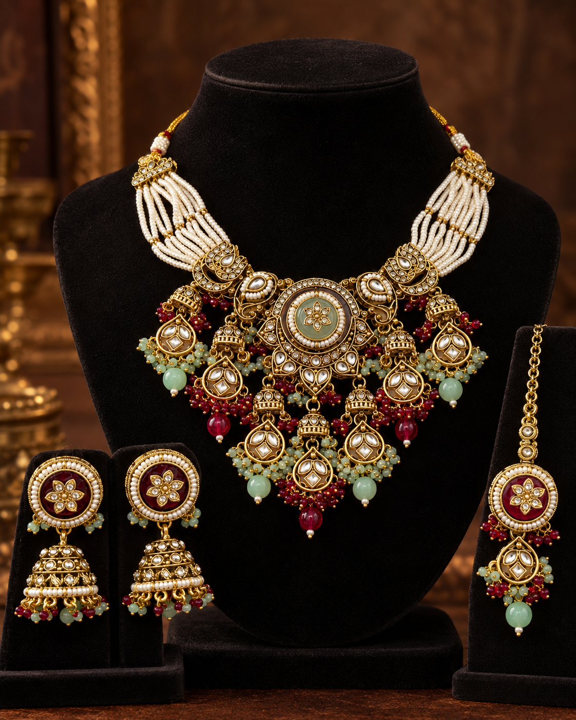 Multicolour Royal Necklace Set for Women with Earrings & Maang Tikka, Heavy Look Indian Festive Jewellery for Wedding, Diwali, Karwa Chauth & Special Occasions