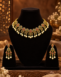 South Indian Style Necklace Set for Women, Multicolour Gold-Look Temple Jewellery with Matching Earrings, Heavy Look Festive Ethnic Jewellery for Wedding, Diwali & Functions
