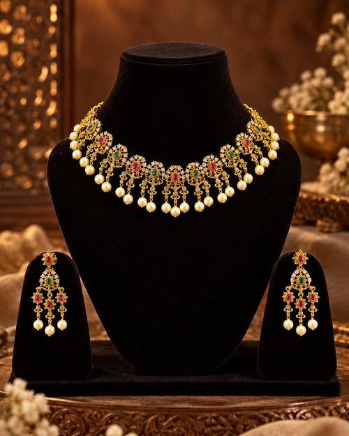 South Indian Style Necklace Set for Women, Multicolour Gold-Look Temple Jewellery with Matching Earrings, Heavy Look Festive Ethnic Jewellery for Wedding, Diwali & Functions