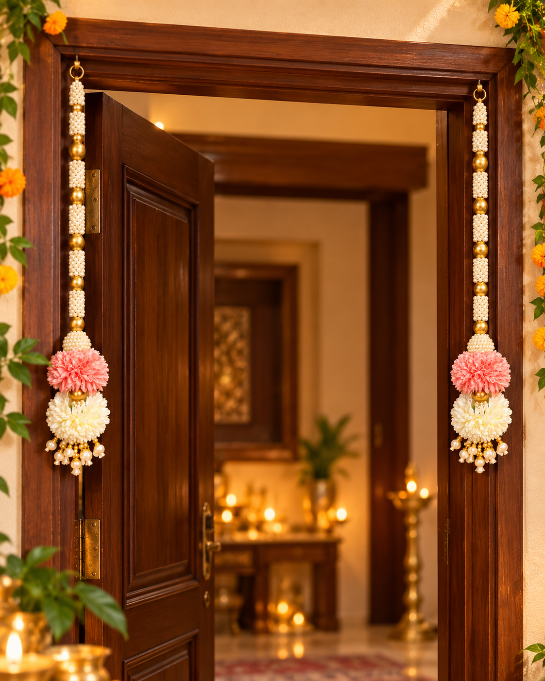 Handmade Pink & White Floral Door Side Hangings with Pearl and Golden Bead Detailing – Set of 2, 35 Inch