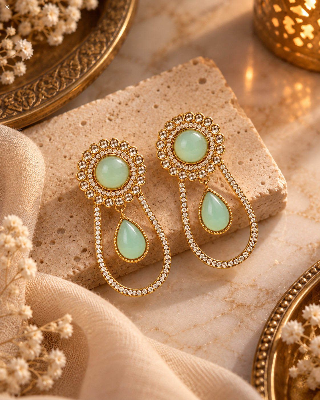 Mint Green Teardrop Statement Earrings with Crystal Halo – Elegant Gold-Tone Party Wear Jewellery