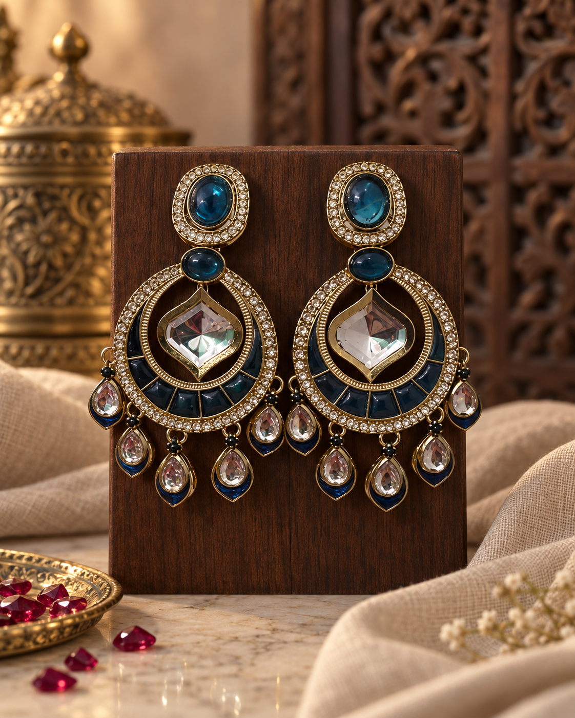Statement Ethnic Earrings for Women, Traditional Indian Jewellery with Black Blue & Purple Stone Details, Long Drop Designer Earrings for Wedding & Festive Wear