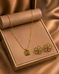 Anti Tarnish Green Pendant & Floral Earrings Combo for Women