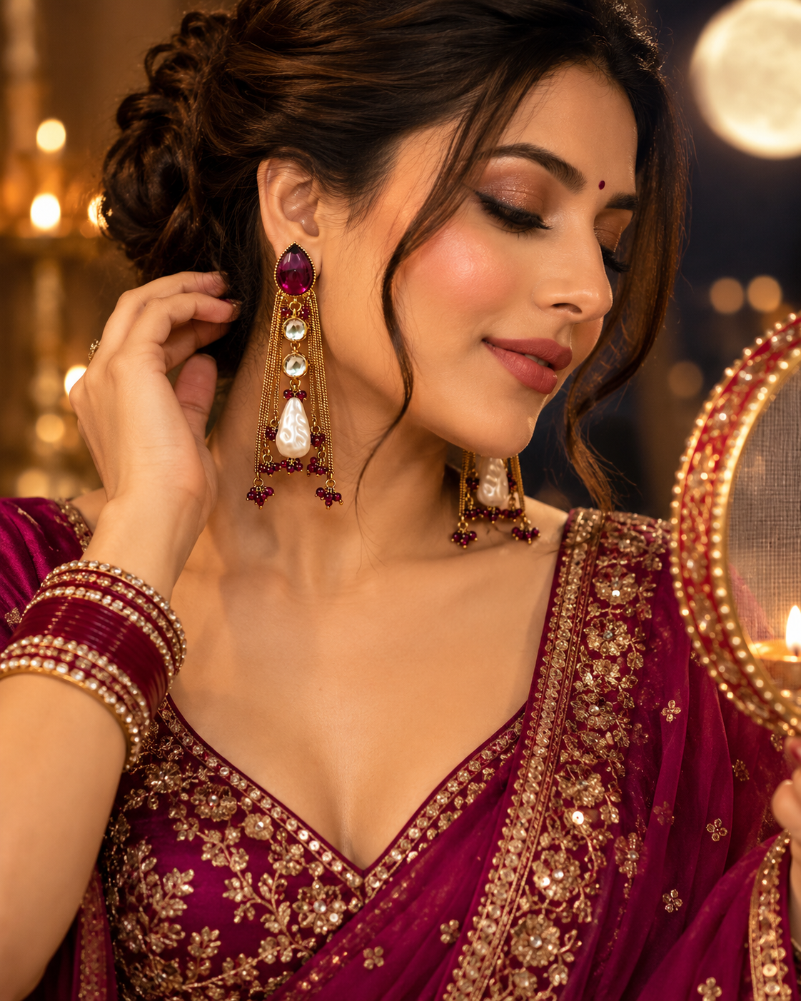 Festive Indian Earrings for Women, Lightweight Ethnic Earrings with Pearl Drops, Unique Traditional Jewellery for Karwa Chauth, Diwali, Wedding & Functions
