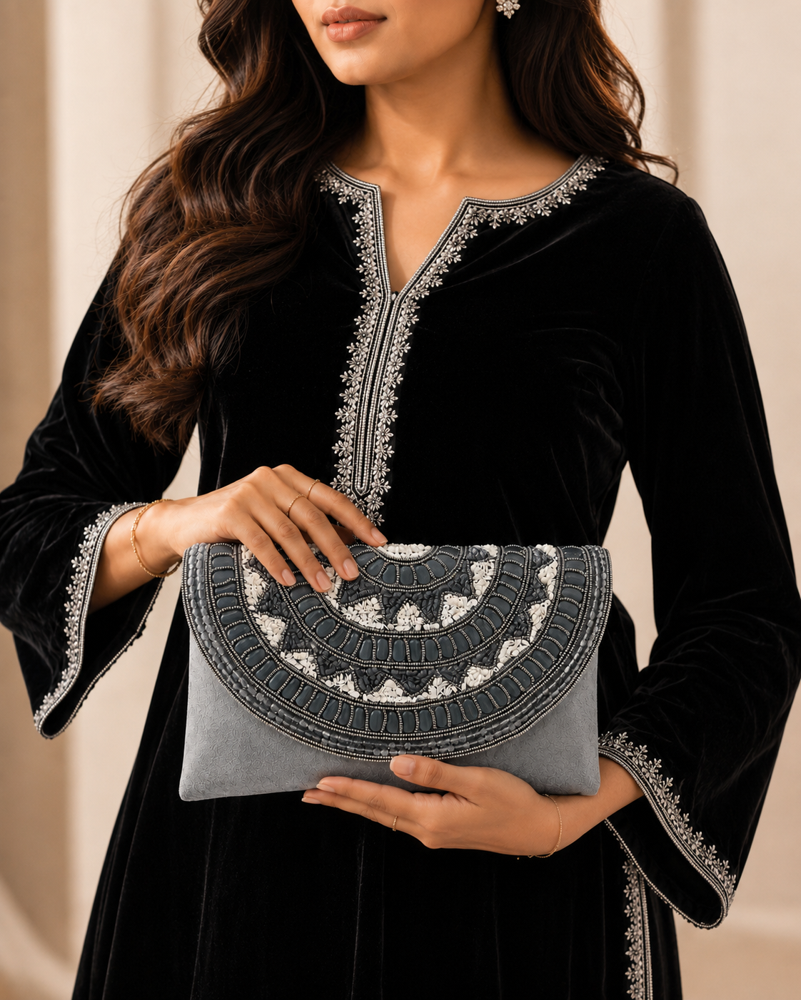 Grey Handcrafted Embellished Clutch Bag | Party & Wedding Clutch