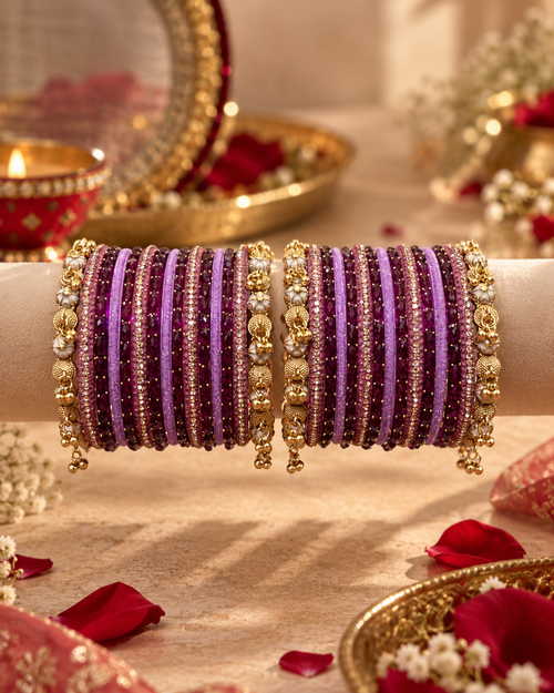 Lavender Purple Bangles for Women with Pastel Kadas & Ghunghru, Traditional Kangan Jewellery for Wedding, Festive, Teej & Party Wear, Size 2.6