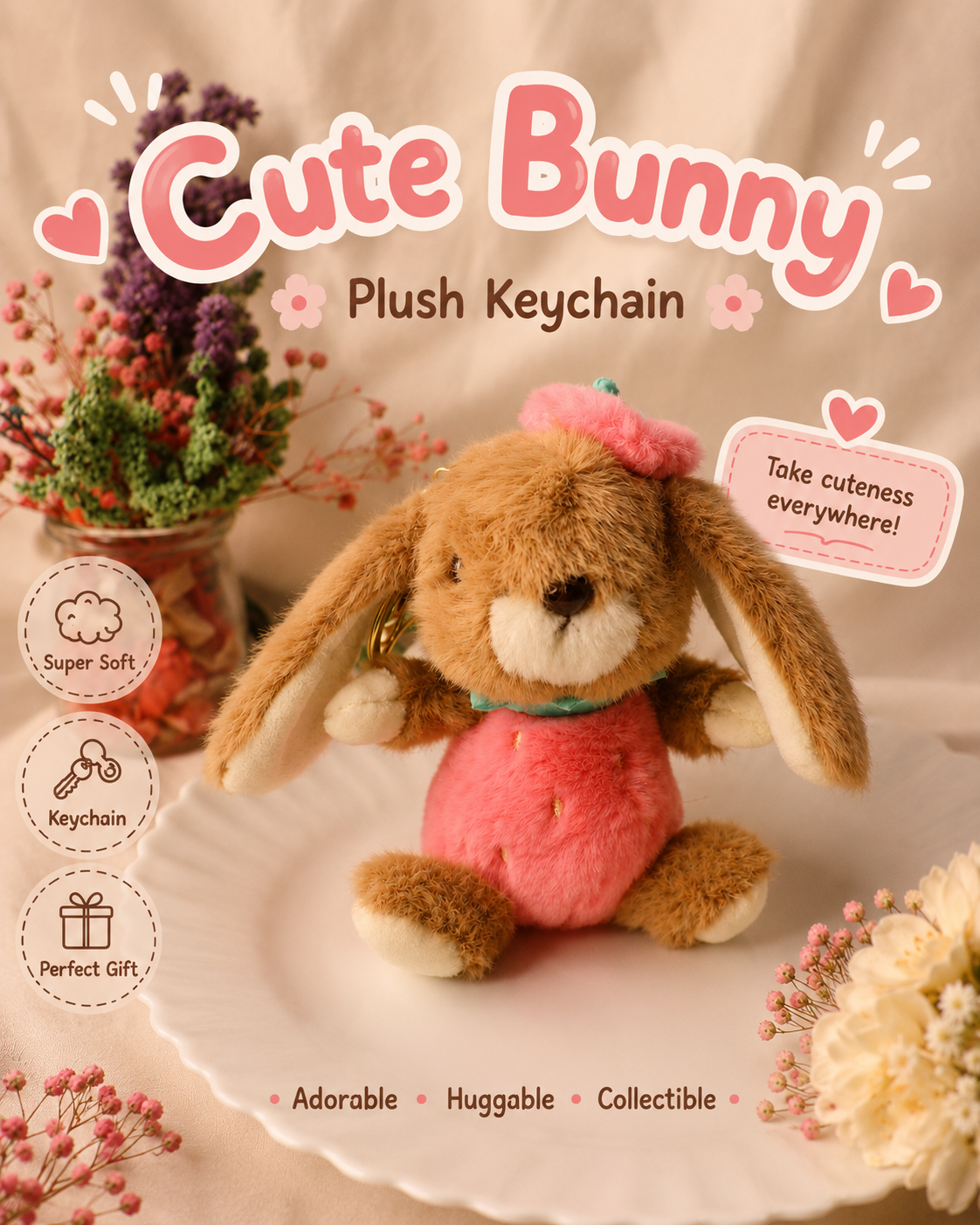 Cute Strawberry Bunny Plush Keychain | Soft Rabbit Bag Charm | Kawaii Plush Keyring