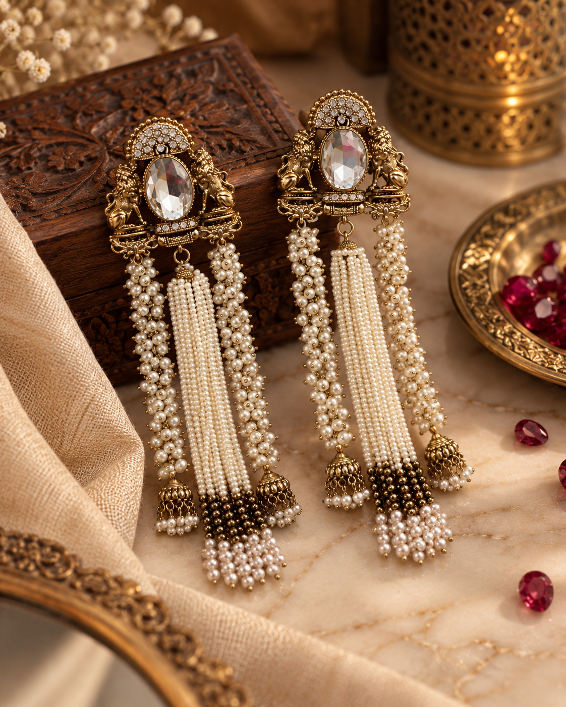 Long Pearl Earrings for Women, Traditional Gold-Tone Kundan Style Statement Earrings with Crystal Stone & Pearl Tassel Detailing, Ethnic Party Wear Jewellery for Wedding & Festive Occasions