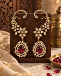 Premium Ear Cuff Earrings for Women, Indian Heavy-Look Lightweight Ear Cuff Jewellery, Red Stone Floral Design for Karwa Chauth, Diwali, Weddings & Festive Functions