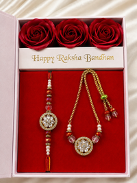 AD Bhaiya Bhabhi Couple Rakhi Set | Premium American Diamond Designer Bhai Rakhi & Lumba Rakhi Gift Box with Roses, Luxury Raksha Bandhan Gift | 5 Variants | Jugnu Store