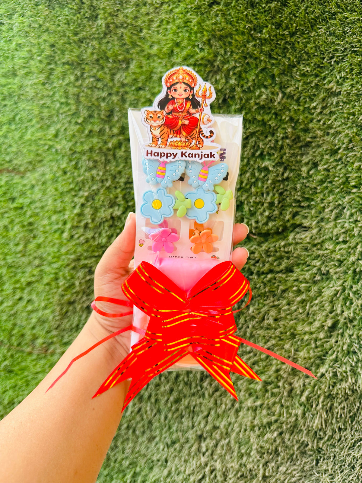 Navratri Kanjak Hair Accessories Hamper Pack of 10, Multicolour Hair Clips and Accessories Set with 2-Colour Dry Clay & 2 Eclairs, Kanya Pujan Gift for Girls