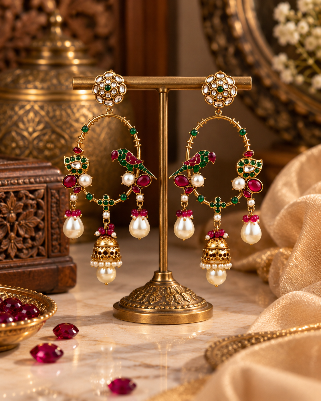 Festive Indian Earrings for Women, Lightweight Parrot Design Ethnic Earrings with Pearl Drops, Traditional Jewellery for Karwa Chauth, Diwali, Wedding & Functions