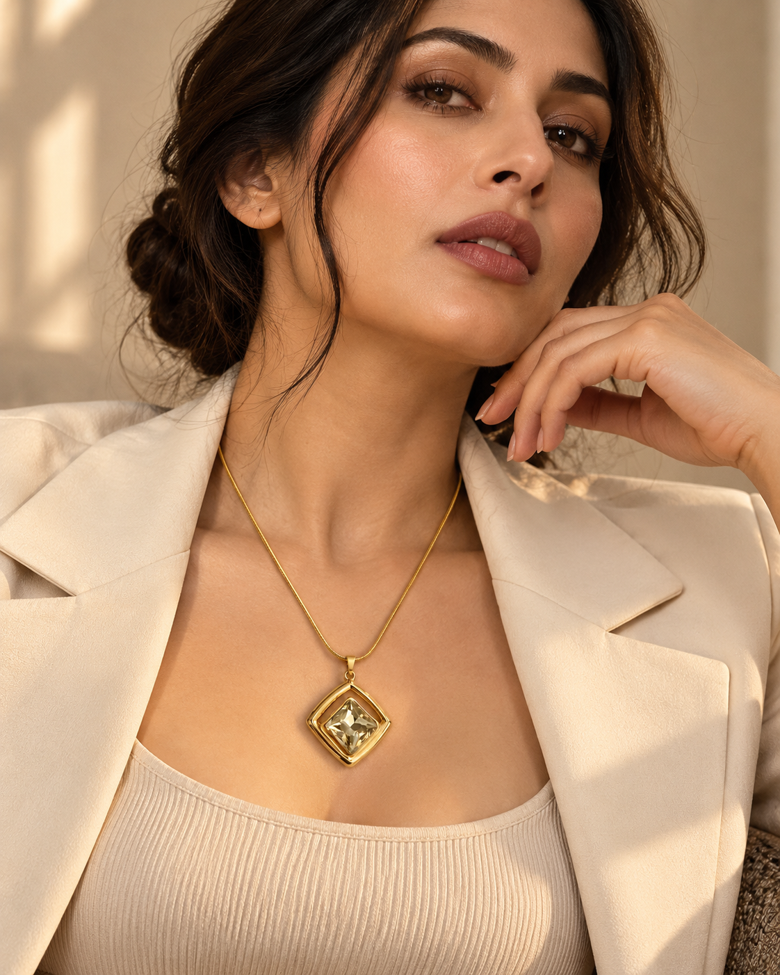 Golden Square Crystal Pendant Necklace for Women | Geometric Statement Necklace | Anti-Tarnish Jewellery
