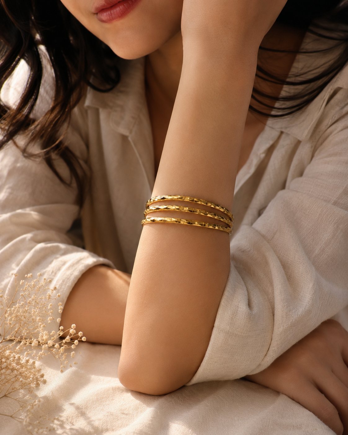 Premium Anti Tarnish Diamond-Cut Gold Bangle Set of 3 for Women | Size 2.6 | Stainless Steel Stackable Bangles | Waterproof Hypoallergenic Tarnish-Free Jewelry