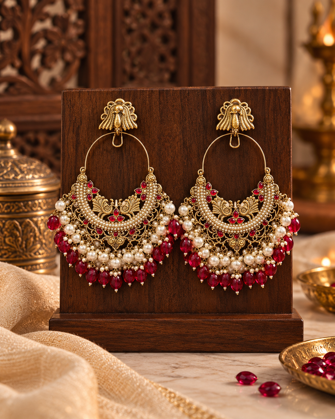 Ruby Red Chandbali Earrings with Pearl Drops | Gold-Tone Traditional Statement Jewellery for Women