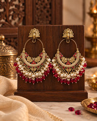 Ruby Red Chandbali Earrings with Pearl Drops | Gold-Tone Traditional Statement Jewellery for Women