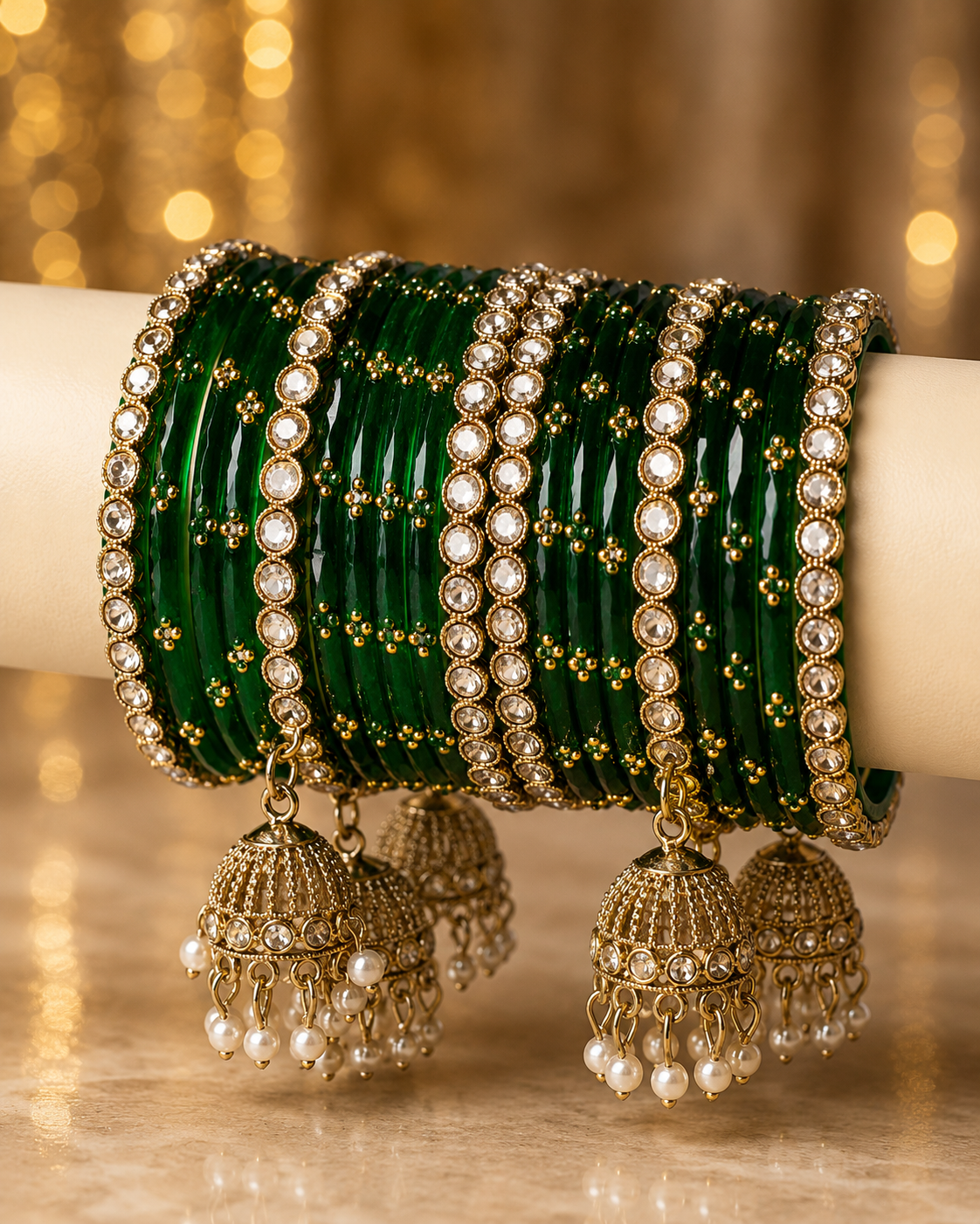 Dark Emerald Designer Bangles Set with Jhumka Charms for Women