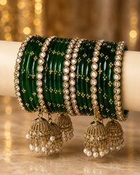 Dark Emerald Designer Bangles Set with Jhumka Charms for Women