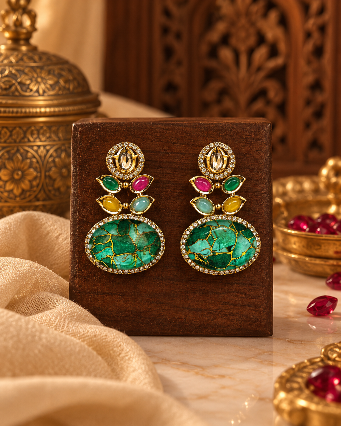 Unique Multicolour Statement Stud Earrings for Women – Emerald Green Marble Stone & Gold-Tone Design