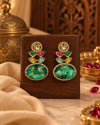 Unique Multicolour Statement Stud Earrings for Women – Emerald Green Marble Stone & Gold-Tone Design