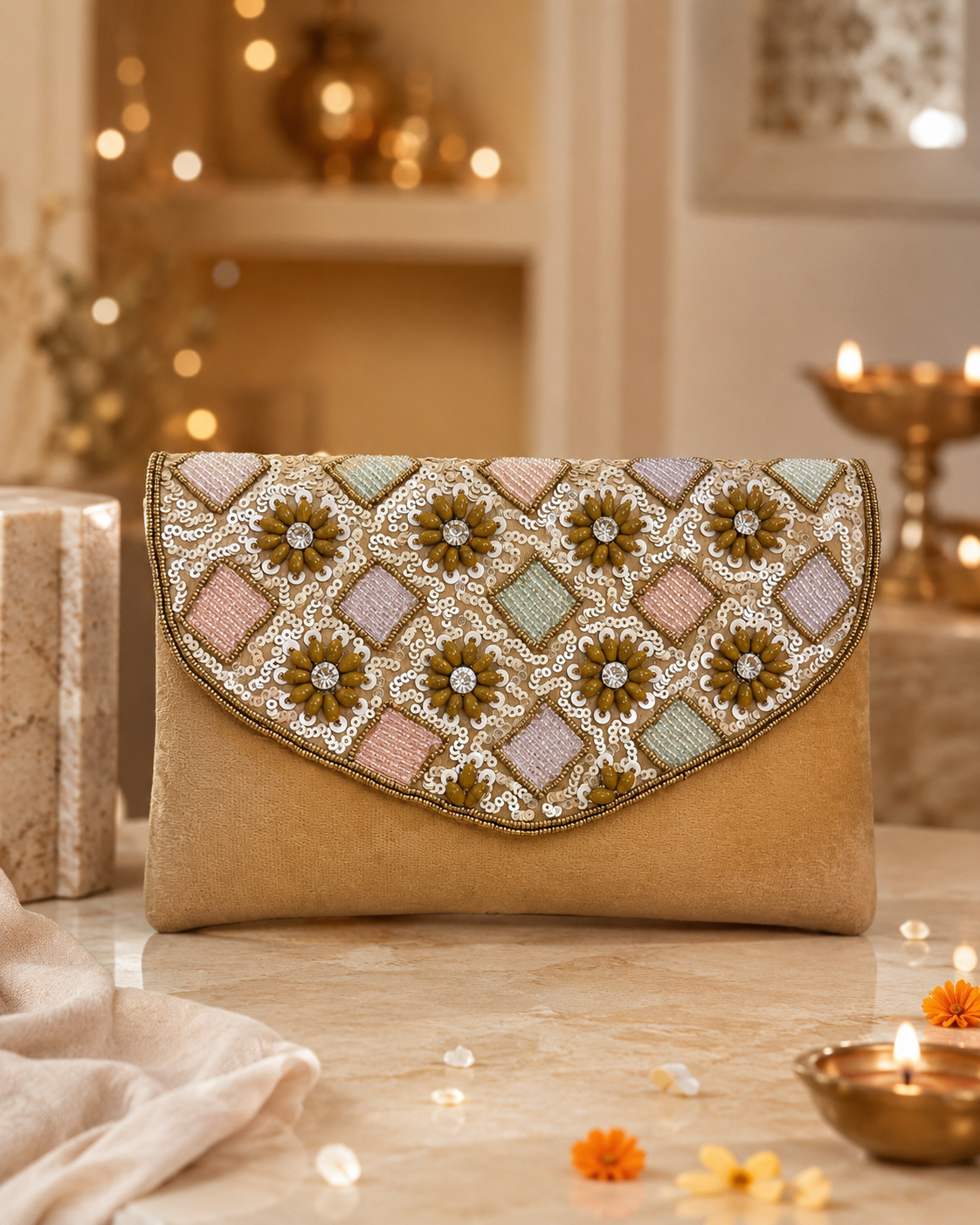 Beige Floral Embellished Clutch Bag | Wedding & Party Clutch