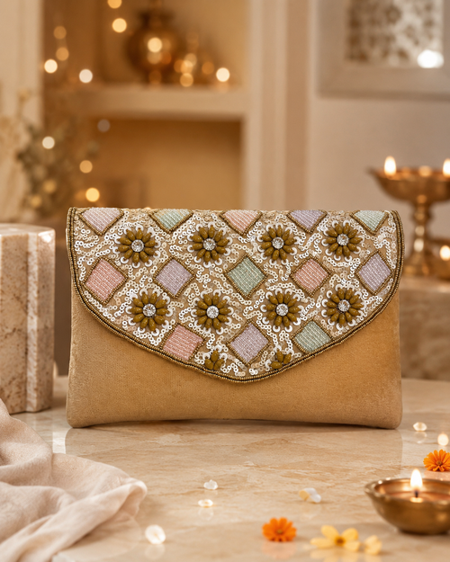 Beige Floral Embellished Clutch Bag | Wedding & Party Clutch