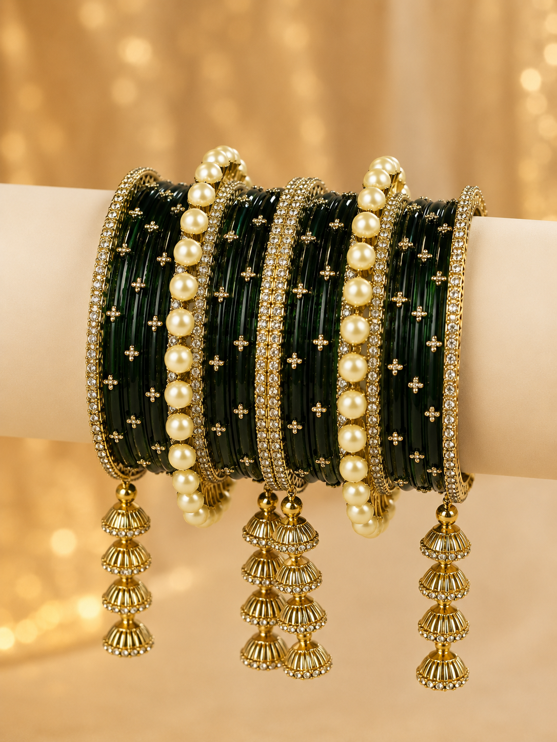 Dark Green Designer Bangles Set with Pearl & Jhumka Accents