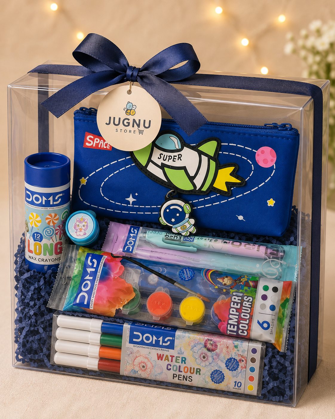 Kids Return Gift Hamper for Birthday Party | Premium Zipper Pouch with DOMS Crayons, Pen Pencil, Sketch Pens, Water Colours & Stamp | Boys & Girls Gift Set