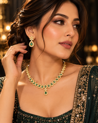AD Necklace Set for Women, Premium Gold-Look American Diamond Jewellery with Necklace & Matching Earrings, Traditional Festive Wedding Jewellery for Saree & Ethnic Wear