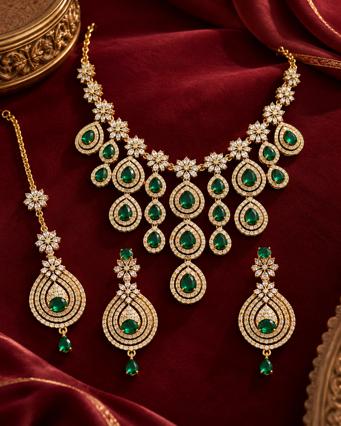 Premium AD Necklace Set for Women with Earrings & Maang Tikka, Heavy Festive Jewellery Set for Wedding, Karwa Chauth, Diwali & Party