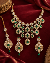 Premium AD Necklace Set for Women with Earrings & Maang Tikka, Heavy Festive Jewellery Set for Wedding, Karwa Chauth, Diwali & Party