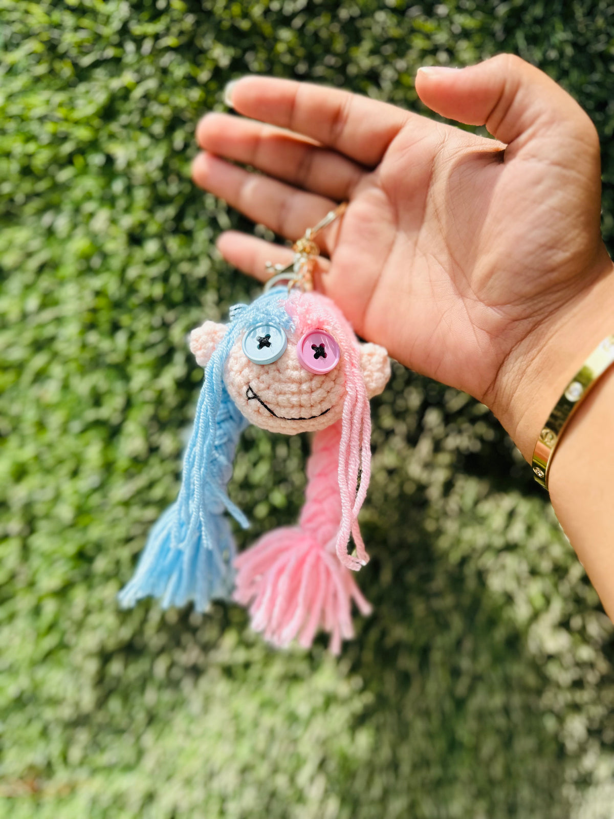 Crochet Doll Keychain with Pink & Blue Yarn Hair, Cute Doll Bag Charm and Backpack Charm for Girls, Boys & Gifting